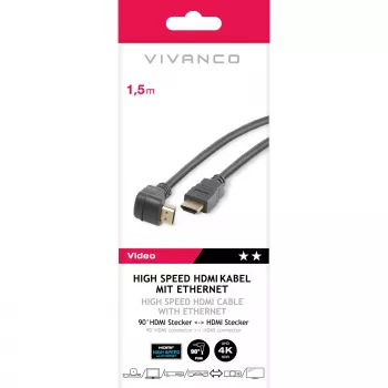 Cable HDMI de alta velocidad con Ethernet Vivanco, acodado a 90 grados, 1.5 m, negro (VVVHDMI30M1M90K)
