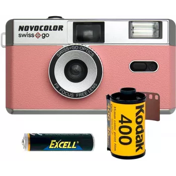 Pack de cámara analógica de 35mm Swiss+Go Novocolor con flash, rosa (SWI401611)