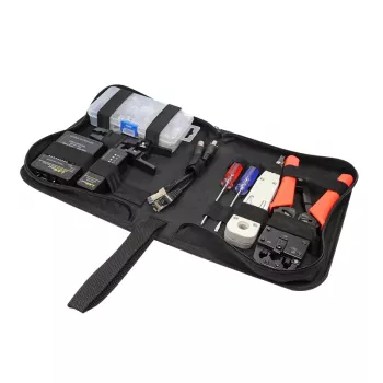 DSIT DC-TOOLSET-PRO set profesional de herramientas de red con crimpadora, comprobador, herramienta de inserción LSA, alicates, destornilladores, conectores y estuche con cremallera