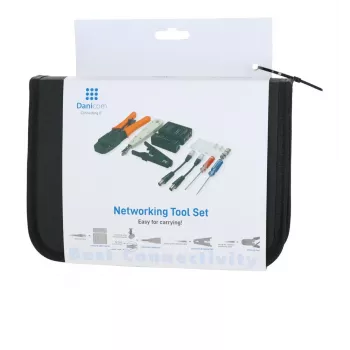 DSIT DC-TOOLSET-PRO set profesional de herramientas de red con crimpadora, comprobador, herramienta de inserción LSA, alicates, destornilladores, conectores y estuche con cremallera