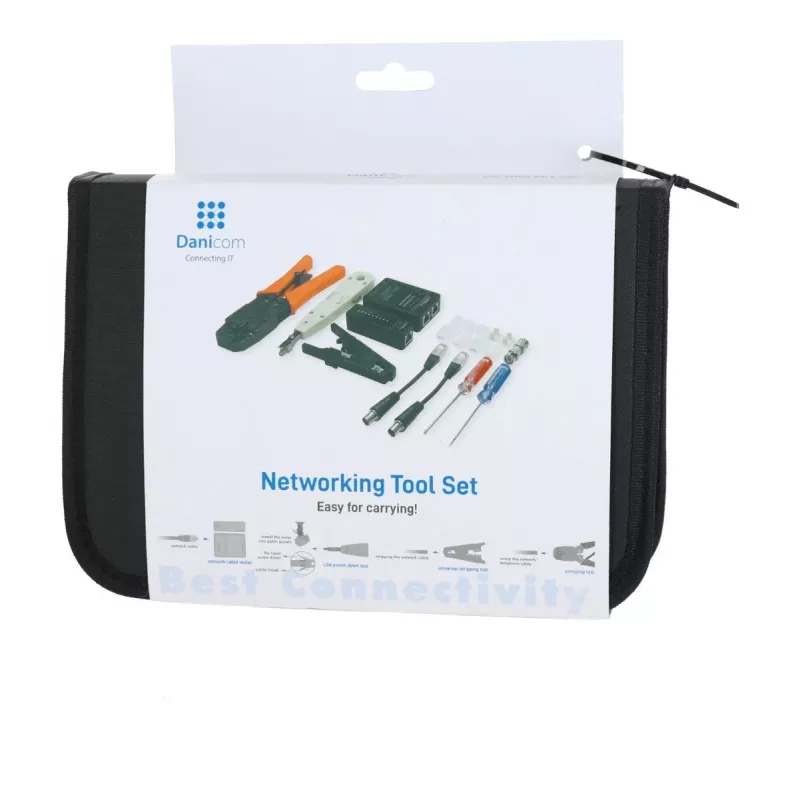 DSIT DC-TOOLSET-PRO set profesional de herramientas de red con crimpadora, comprobador, herramienta de inserción LSA, alicates, destornilladores, conectores y estuche con cremallera