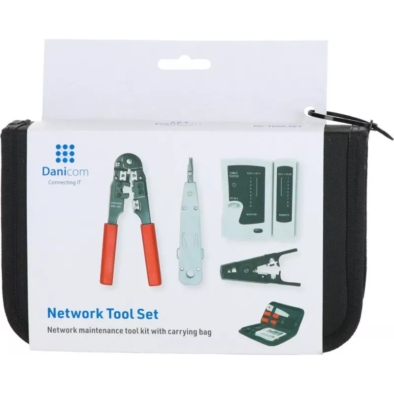 DSIT set de 9 herramientas de instalación y reparación de redes con crimpadora RJ45, comprobador de cables, herramienta de inserción y estuche con cremallera (DC-TOOLSET)