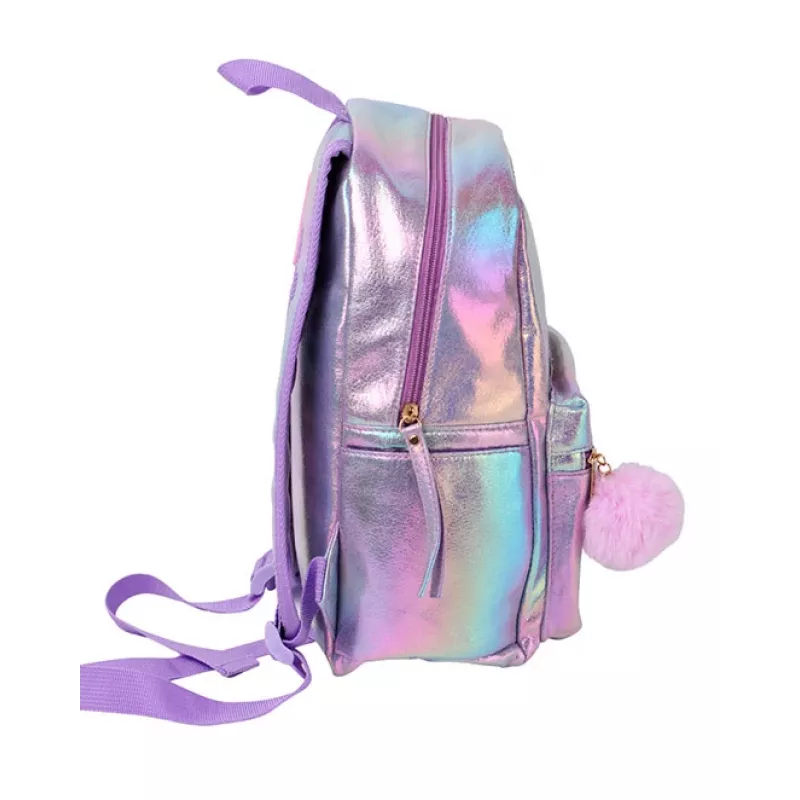 Holo Wow Mochila escolar holográfica para niñas con pompón y correas ajustables WOW00048