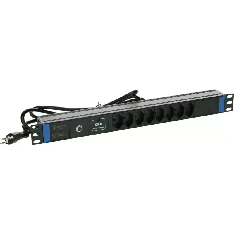 DSIT DS-8PDU-CH-SPO Regleta de enchufes suizos de 8 tomas con protección contra sobretensión y sobrecarga, cable de 1,8 m, Negro