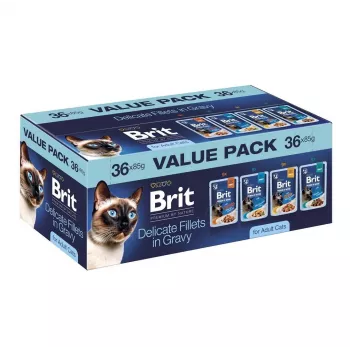 Brit Delicate Fillets in Gravy para gatos adultos - carne y pescado variados, 36 x 85 g sobres