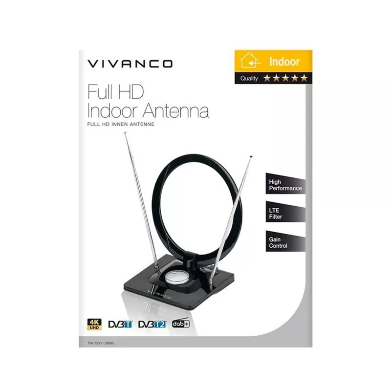 Vivanco VVTVANTSCIRCLE antena de interior DVB-T2/DAB+ plana con filtro 4G/5G, negra