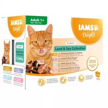 Comida húmeda para gatos EUKANUBA IAMS DELIGHTS Land & Sea Collection en salsa – 12 bolsas de 85g (salmón y bacalao, pollo y pavo, cordero y pimiento rojo)