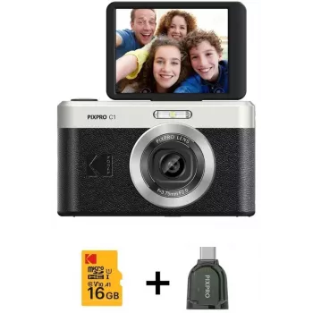 Cámara digital compacta KODAK PixPro C1 negra con tarjeta SDHC de 16GB