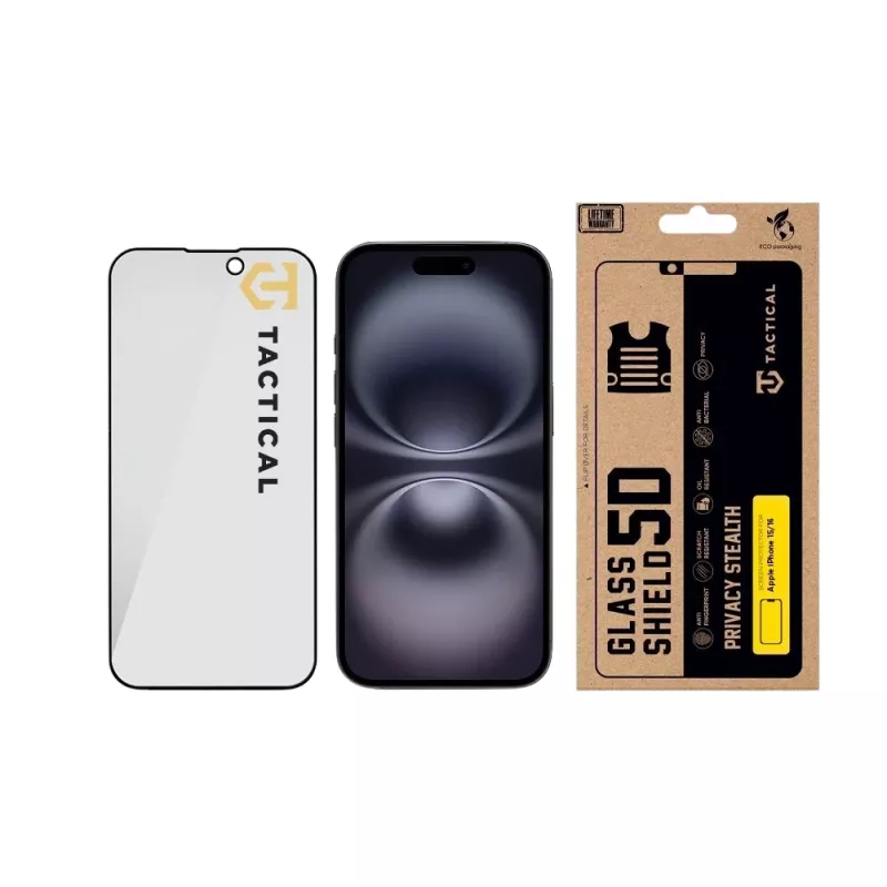 Tactical Glass Shield Privacy Protector de pantalla 5D para iPhone 15 / 16, Negro