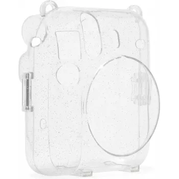 Fujifilm Instax Mini 12 funda con purpurina - funda transparente con purpurina para cámara con correa ajustable, cierre magnético, protección a medida de piel sintética y PVC para Instax Mini 12
