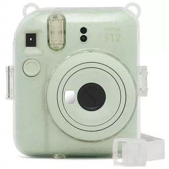 Fujifilm Instax Mini 12 funda con purpurina - funda transparente con purpurina para cámara con correa ajustable, cierre magnético, protección a medida de piel sintética y PVC para Instax Mini 12