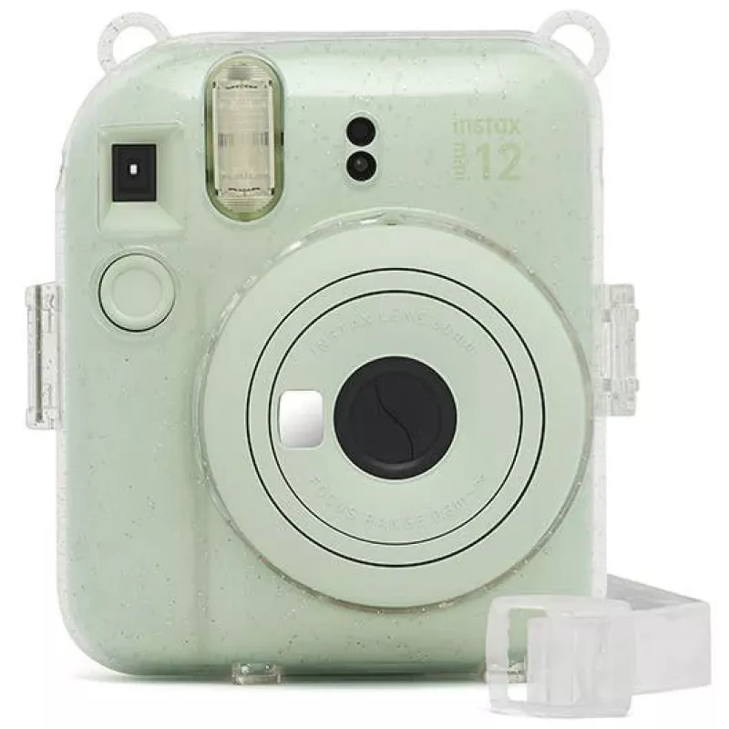 Fujifilm Instax Mini 12 funda con purpurina - funda transparente con purpurina para cámara con correa ajustable, cierre magnético, protección a medida de piel sintética y PVC para Instax Mini 12