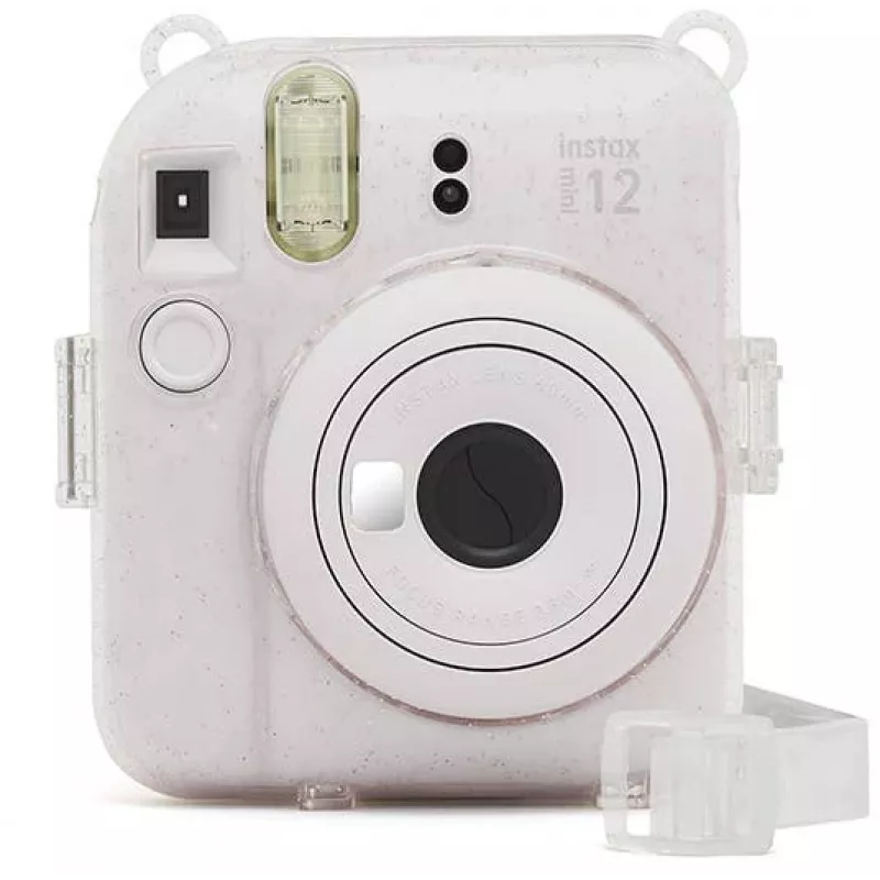 Fujifilm Instax Mini 12 funda con purpurina - funda transparente con purpurina para cámara con correa ajustable, cierre magnético, protección a medida de piel sintética y PVC para Instax Mini 12
