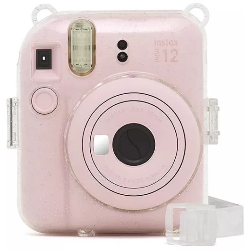 Fujifilm Instax Mini 12 funda con purpurina - funda transparente con purpurina para cámara con correa ajustable, cierre magnético, protección a medida de piel sintética y PVC para Instax Mini 12