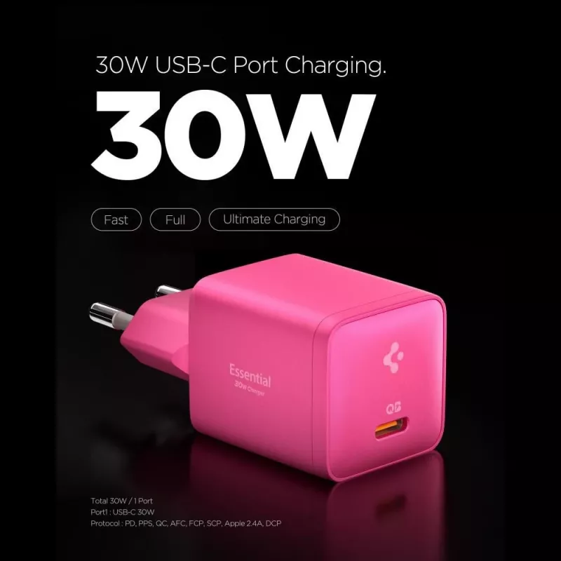 Cargador de red SPIGEN EE301EU-GAN Essential 1 puerto 30W rosa