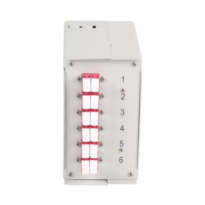 EFB caja de distribución de fibra óptica para carril DIN OM4, 12x pigtail LC, 6x conector hembra LC dúplex, gris claro