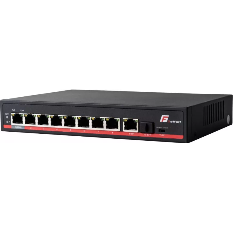 GETFORT GF-110-8PG-S-120 Switch Gigabit PoE+ de 10 puertos con 8 puertos PoE+, 1 uplink, 1 SFP, presupuesto 120W, No gestionado, Sin ventilador, Sobremesa