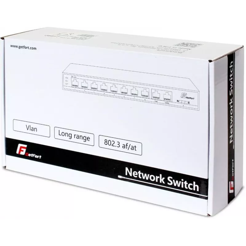 GETFORT GF-210D-8P-120 Switch PoE+ de 10 puertos con 8 puertos Fast Ethernet PoE y 2 uplinks Gigabit, presupuesto 120W, No gestionado, Sobremesa/Pared