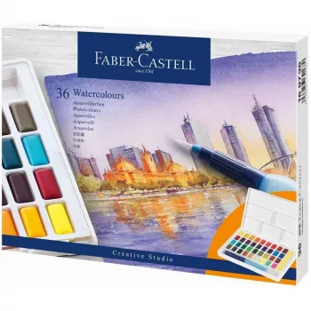 Faber-Castell Creative Studio Set de acuarelas, 36 colores en pastillas sólidas con pincel y esponja, paleta de mezcla en la tapa, Student Grade, transparente, recargable, caja de plástico portátil