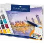 Faber-Castell Creative Studio Set de acuarelas, 36 colores en pastillas sólidas con pincel y esponja, paleta de mezcla en la tapa, Student Grade, transparente, recargable, caja de plástico portátil