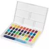 Faber-Castell Creative Studio Set de acuarelas, 36 colores en pastillas sólidas con pincel y esponja, paleta de mezcla en la tapa, Student Grade, transparente, recargable, caja de plástico portátil