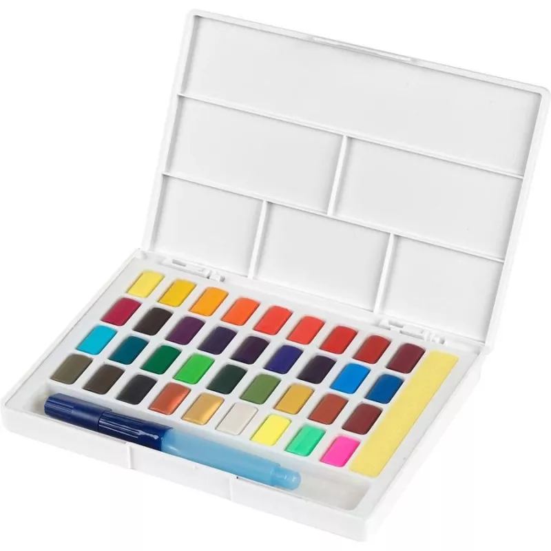 Faber-Castell Creative Studio Set de acuarelas, 36 colores en pastillas sólidas con pincel y esponja, paleta de mezcla en la tapa, Student Grade, transparente, recargable, caja de plástico portátil