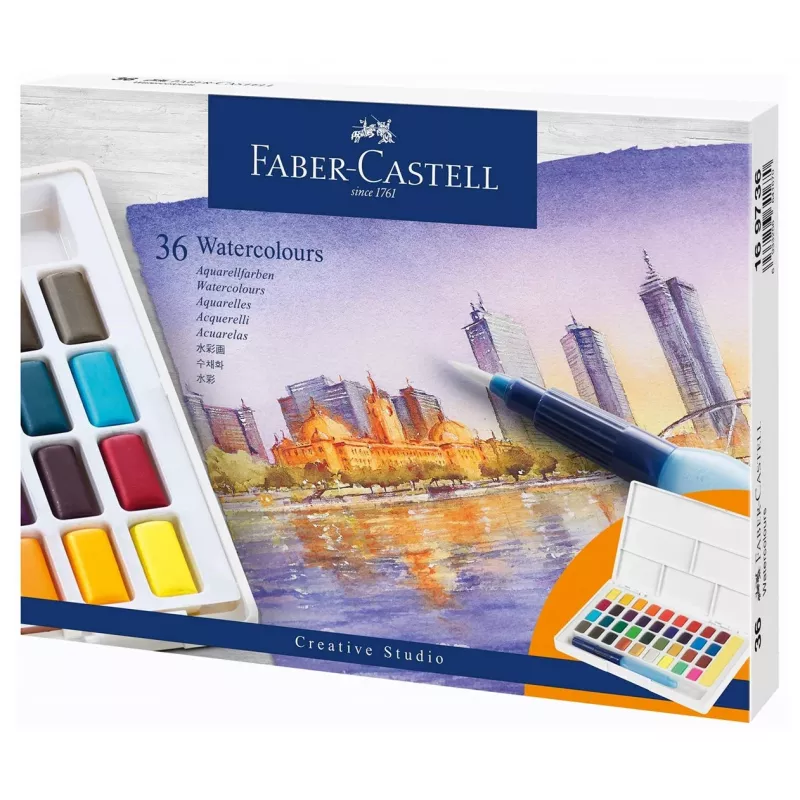 Faber-Castell Creative Studio Set de acuarelas, 36 colores en pastillas sólidas con pincel y esponja, paleta de mezcla en la tapa, Student Grade, transparente, recargable, caja de plástico portátil