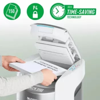 Leitz IQ Optimax AutoFeed 150 P-4 destructora de partículas con autoadmisión de 150 hojas y depósito de 15L, negro