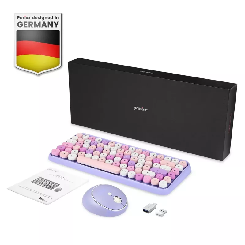 Perixx PERIDUO-713PP DE conjunto inalámbrico de mini teclado y ratón, diseño retro-vintage, lila, distribución alemana