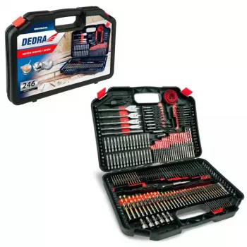DEDRA 18A11S246 Juego de 246 piezas de brocas y puntas de destornillador con brocas HSS, para madera, para mampostería y puntas CrV en maletín de plástico