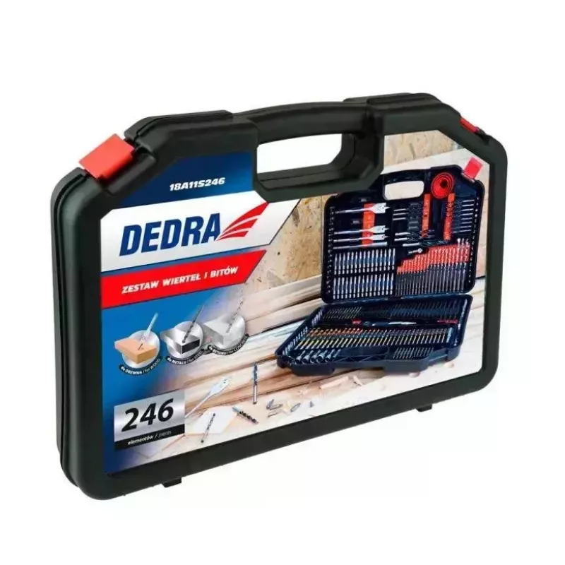 DEDRA 18A11S246 Juego de 246 piezas de brocas y puntas de destornillador con brocas HSS, para madera, para mampostería y puntas CrV en maletín de plástico