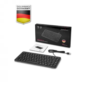 Perixx PERIBOARD-414 B DE teclado mini USB con cable, teclas silenciosas, distribución alemana, negro