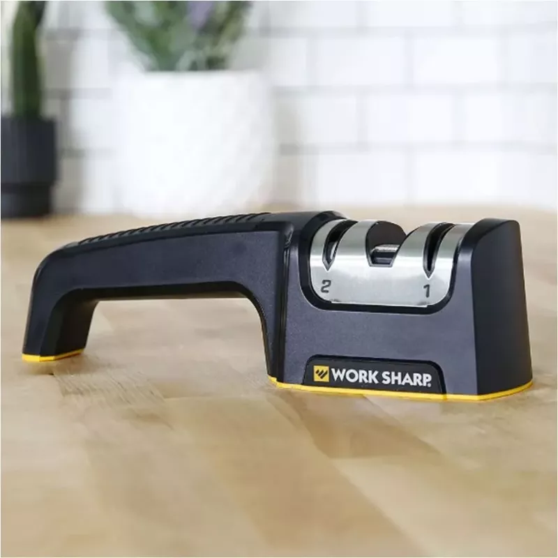 Work Sharp Afilador de cuchillos de cocina con mecanismo de extracción, 2 etapas, carburo y cerámica, Negro/Plata