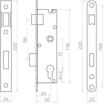 PSG 63.211 L/P Cerradura embutida con pestillo y cerradura, intercambiable, 220 x 22 mm de frontal, 72 mm PZ, 50 mm de distancia, acero galvanizado