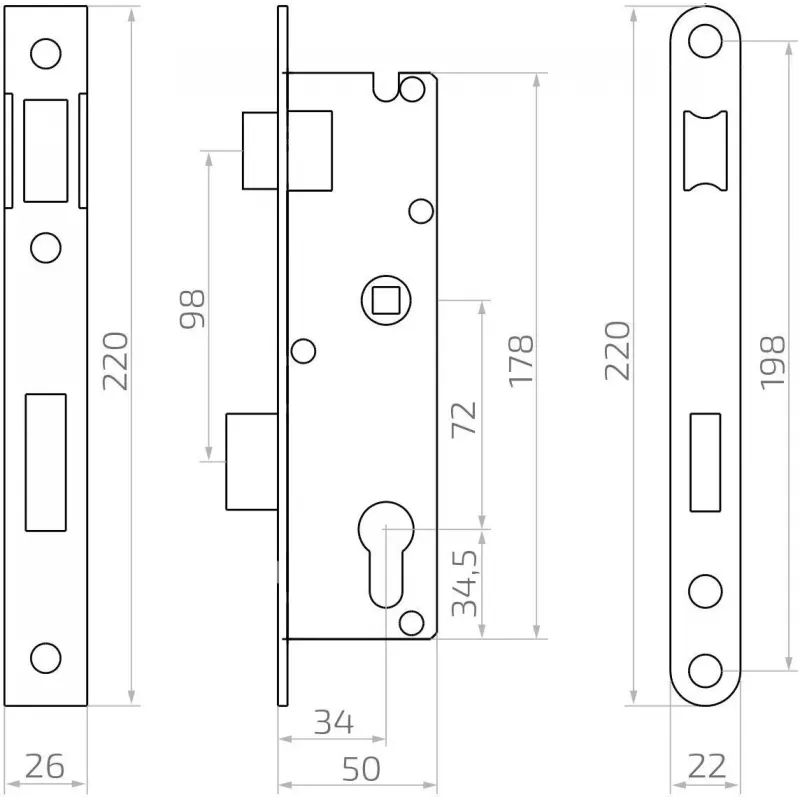PSG 63.211 L/P Cerradura embutida con pestillo y cerradura, intercambiable, 220 x 22 mm de frontal, 72 mm PZ, 50 mm de distancia, acero galvanizado