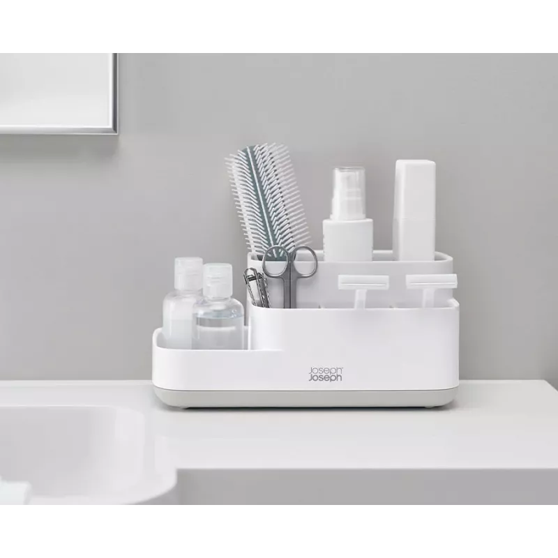 Joseph Joseph EasyStore Organizador de baño Blanco/Gris - Organizador compacto con varios compartimentos y drenaje ventilado
