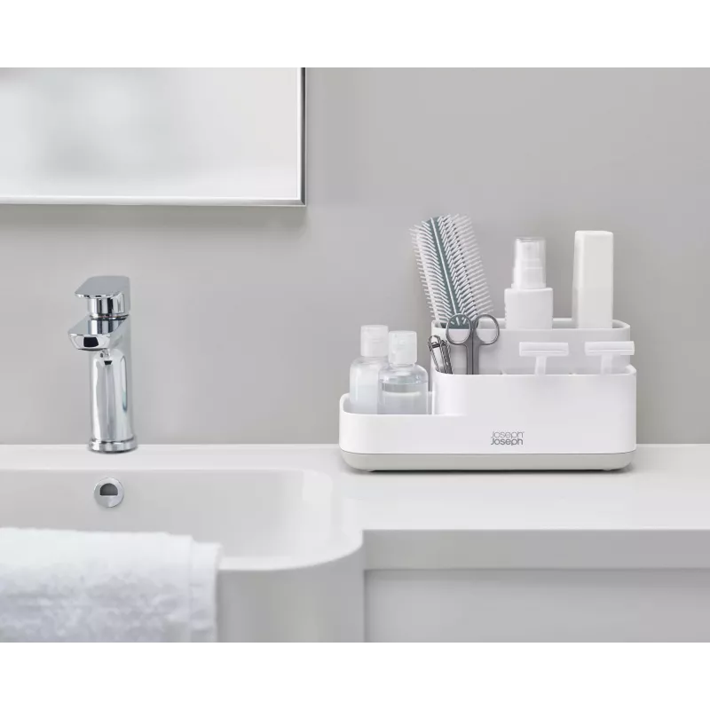 Joseph Joseph EasyStore Organizador de baño Blanco/Gris - Organizador compacto con varios compartimentos y drenaje ventilado