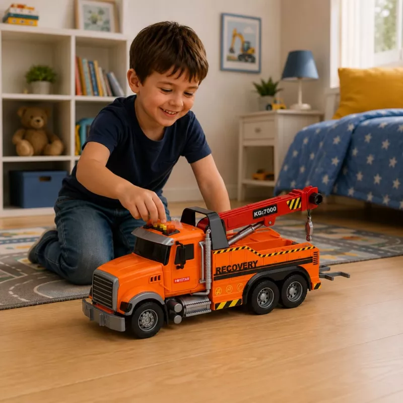 LEAN TOYS grúa de remolque con gancho de asistencia en carretera, luces y sonidos naranja 1:18