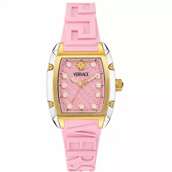 Versace VE8K00224 Reloj de cuarzo para mujer, 45 mm, caja de acero inoxidable gris, esfera rosa, correa de silicona rosa