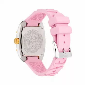 Versace VE8K00224 Reloj de cuarzo para mujer, 45 mm, caja de acero inoxidable gris, esfera rosa, correa de silicona rosa