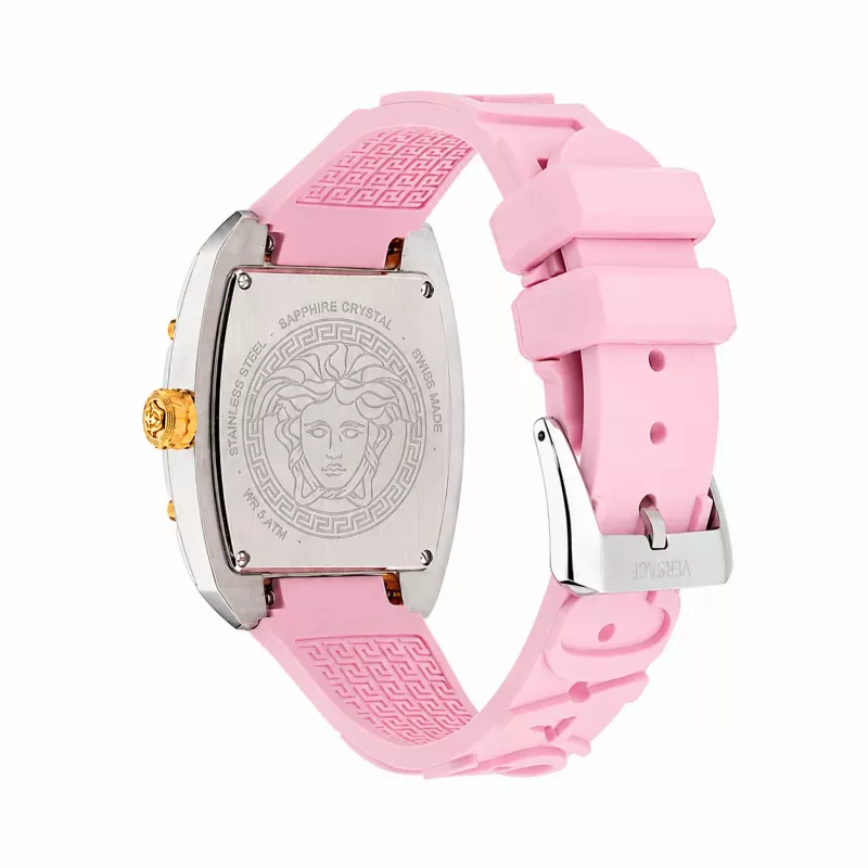 Versace VE8K00224 Reloj de cuarzo para mujer, 45 mm, caja de acero inoxidable gris, esfera rosa, correa de silicona rosa