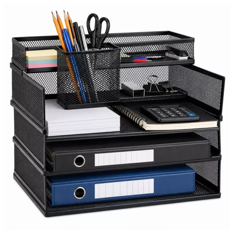 Estantería organizadora metálica multiusos LEAN para documentos y accesorios, organizador de escritorio de malla de 3 niveles, Negro