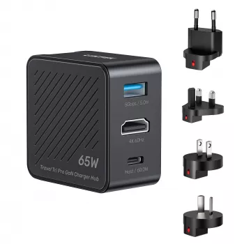 Hub cargador de viaje 3 en 1 GaN UNITEK P1242ABK01 65W con HDMI 4K@60Hz, USB-A y USB-C