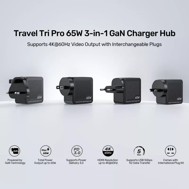 Hub cargador de viaje 3 en 1 GaN UNITEK P1242ABK01 65W con HDMI 4K@60Hz, USB-A y USB-C