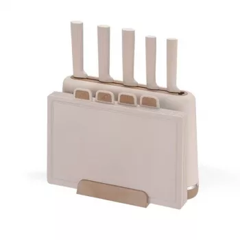 Juego de cuchillos MEO MR-1412-BEIGE MAESTRO con tablas de cortar y soporte, 5 cuchillos, 2 tablas, beige