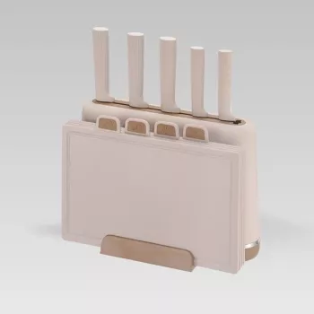 Juego de cuchillos MEO MR-1412-BEIGE MAESTRO con tablas de cortar y soporte, 5 cuchillos, 2 tablas, beige