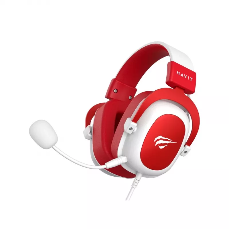 Auriculares gaming con cable HAV H2002d con drivers de 50 mm, LED RGB, micrófono con aislamiento de ruido, blanco/rojo