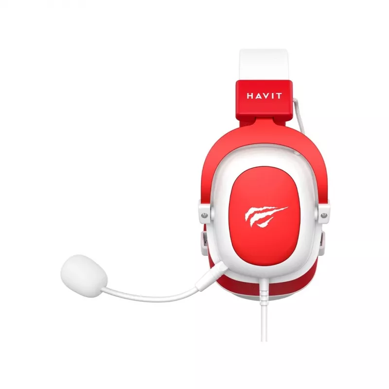 Auriculares gaming con cable HAV H2002d con drivers de 50 mm, LED RGB, micrófono con aislamiento de ruido, blanco/rojo