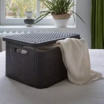 CURVER Style L caja de almacenamiento con tapa, 43,6 x 32,6 x 23 cm, marrón oscuro, 32,67 L, plegable, apilable, asas de tela