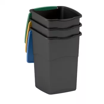 CURVER Koral 47L set de 3 papeleras – negro con tapas de colores, tapas basculantes y abatibles, cubos interiores extraíbles, reciclaje interior